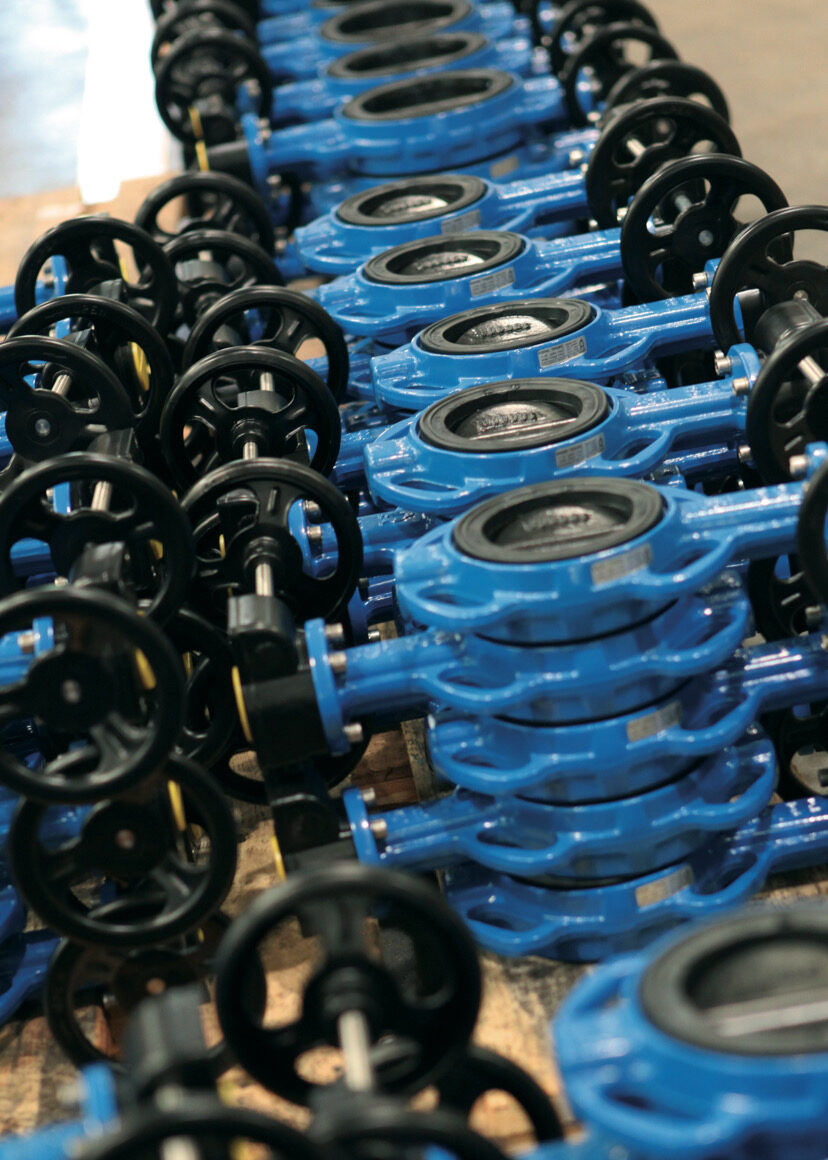 Row of Vamein wafer butterfly valves with handwheel gearboxes